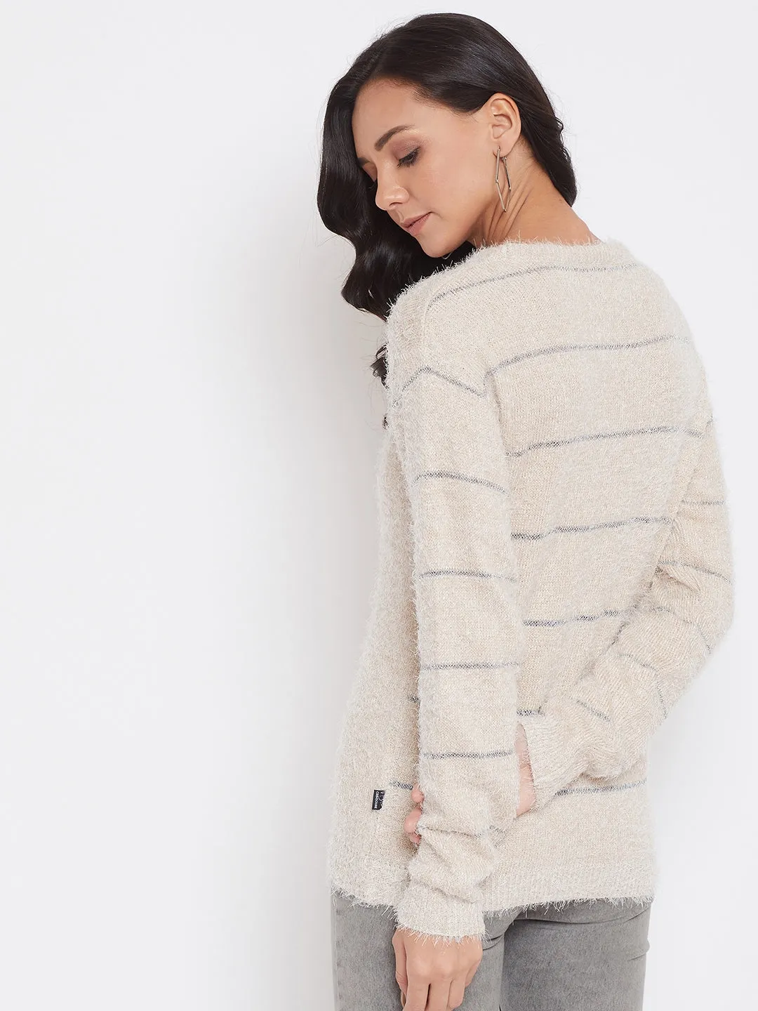 Beige Self Design Round Neck Sweater