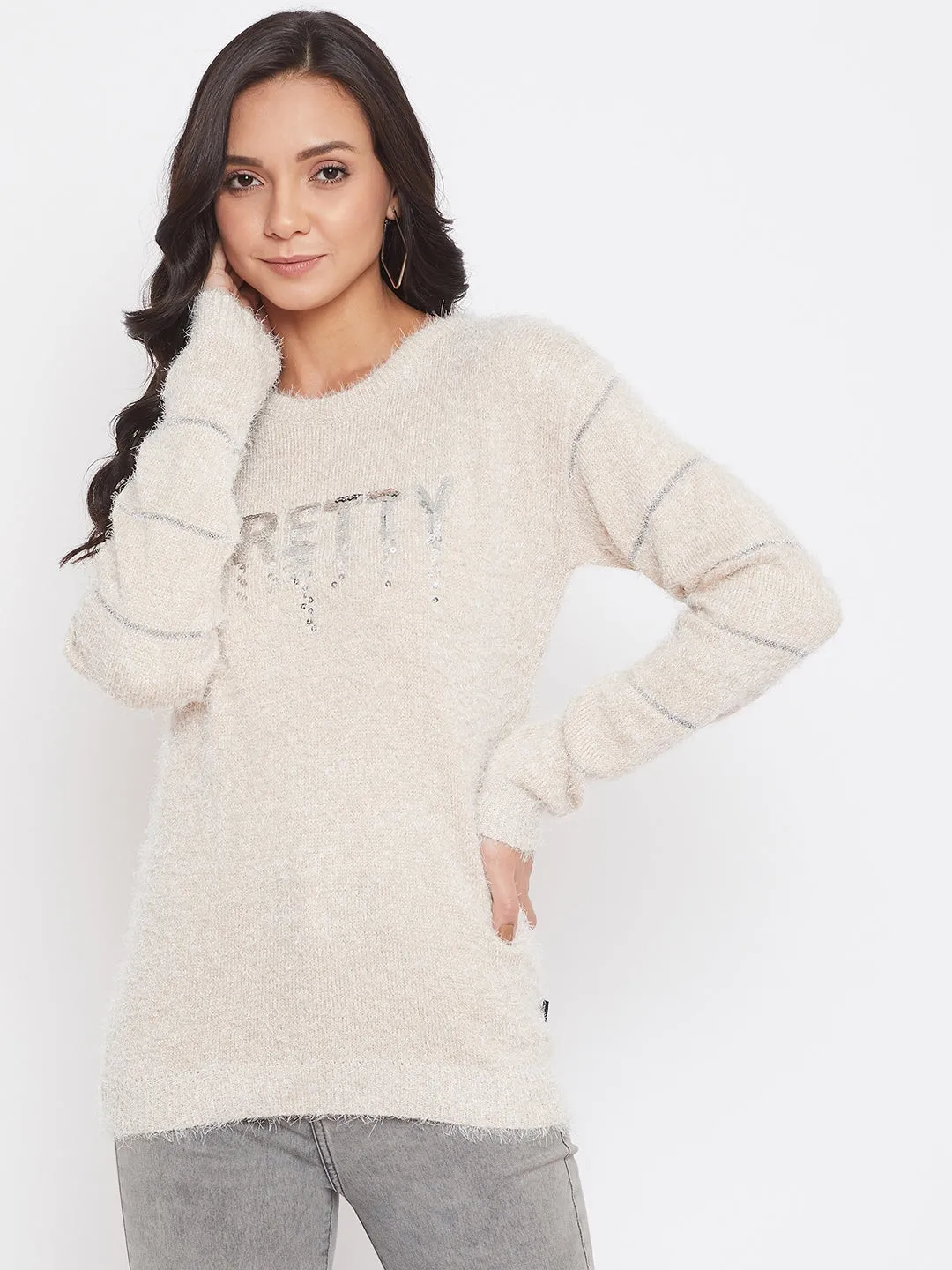 Beige Self Design Round Neck Sweater