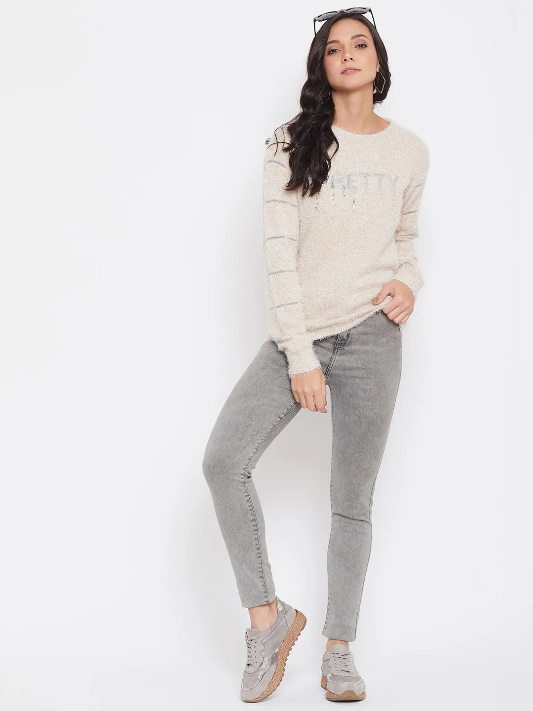 Beige Self Design Round Neck Sweater