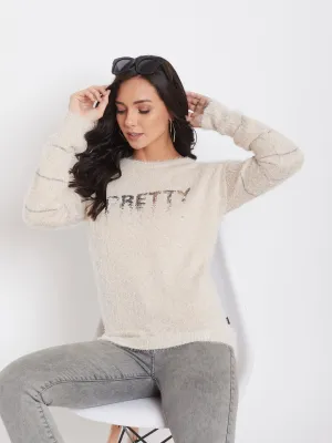 Beige Self Design Round Neck Sweater
