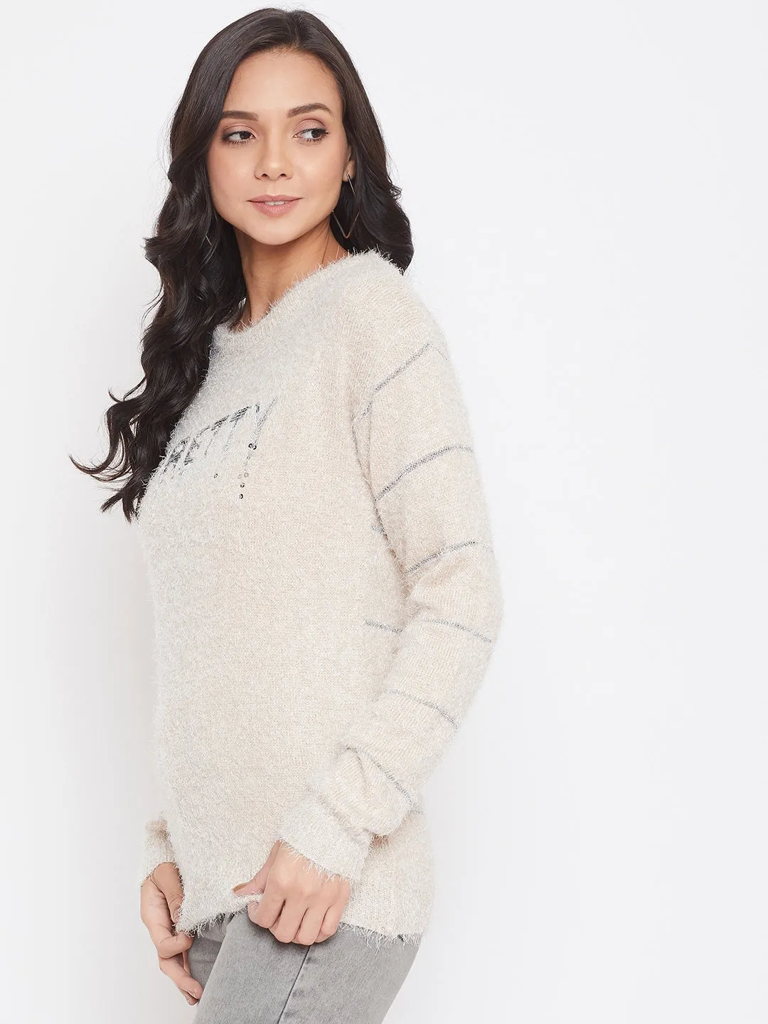 Beige Self Design Round Neck Sweater