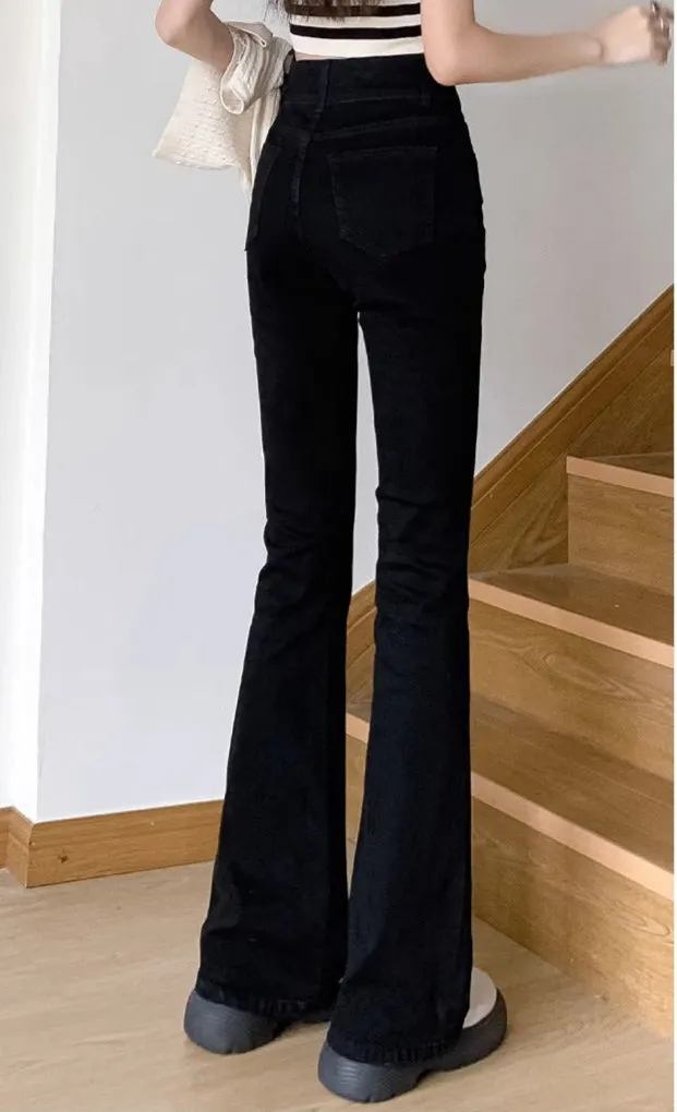 Black Double Button Flared Denim