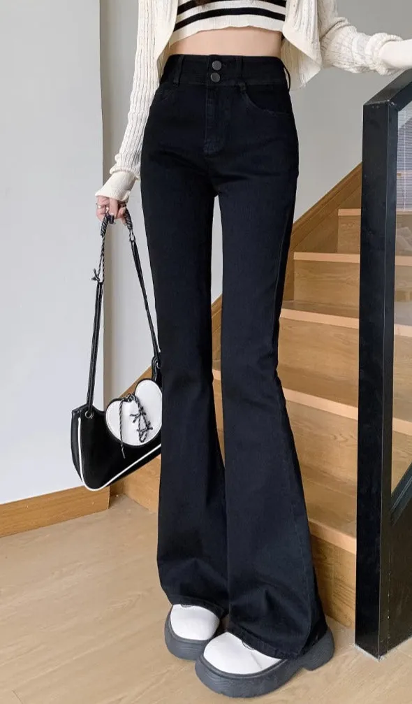 Black Double Button Flared Denim