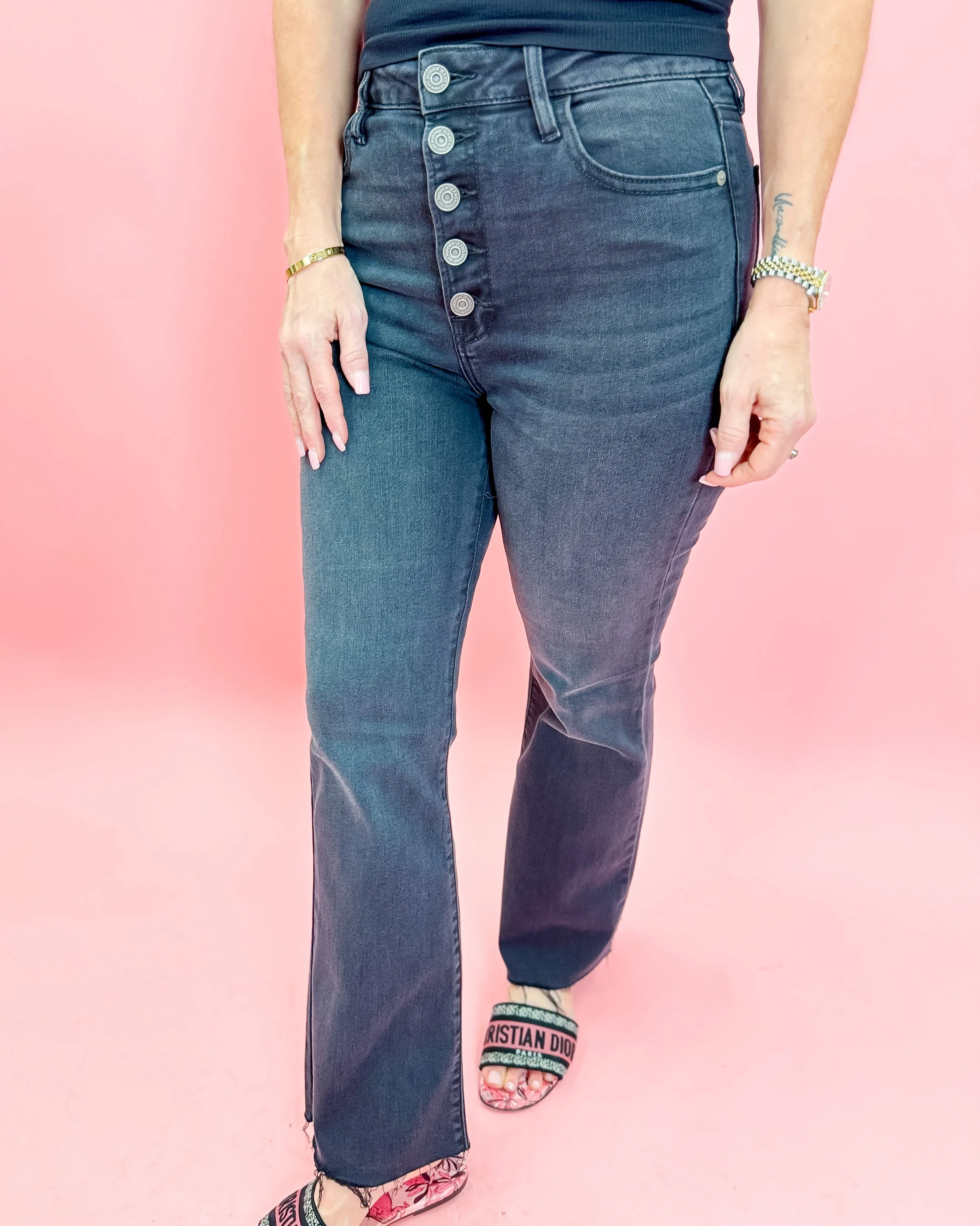 Black Exposed Button Stretch Cropped Flare