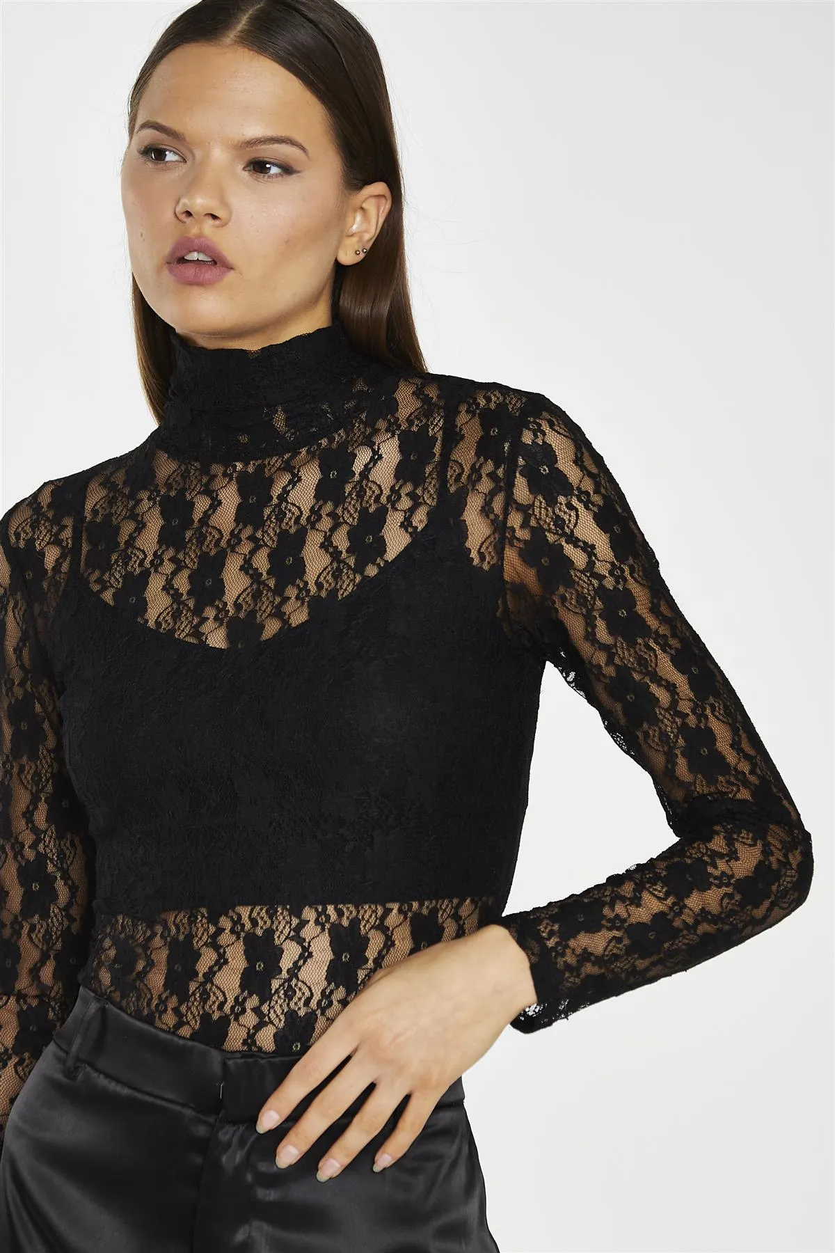 Black-Lace High-Neck Bodysuit
