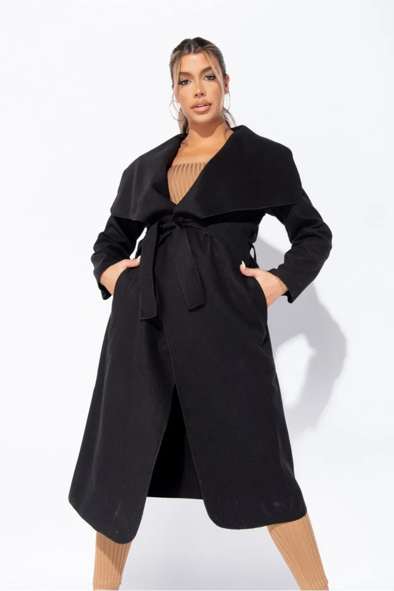 Black Oversized Belted Waterfall Coat