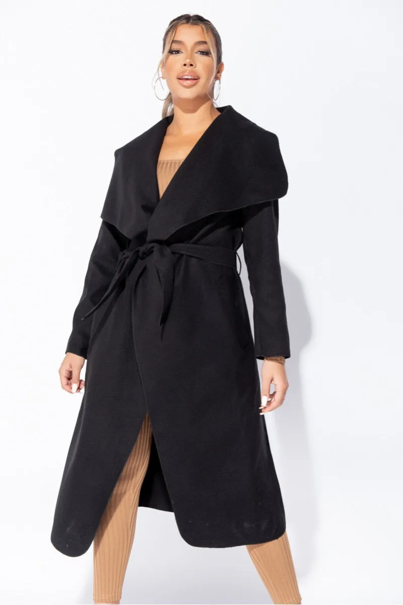 Black Oversized Belted Waterfall Coat