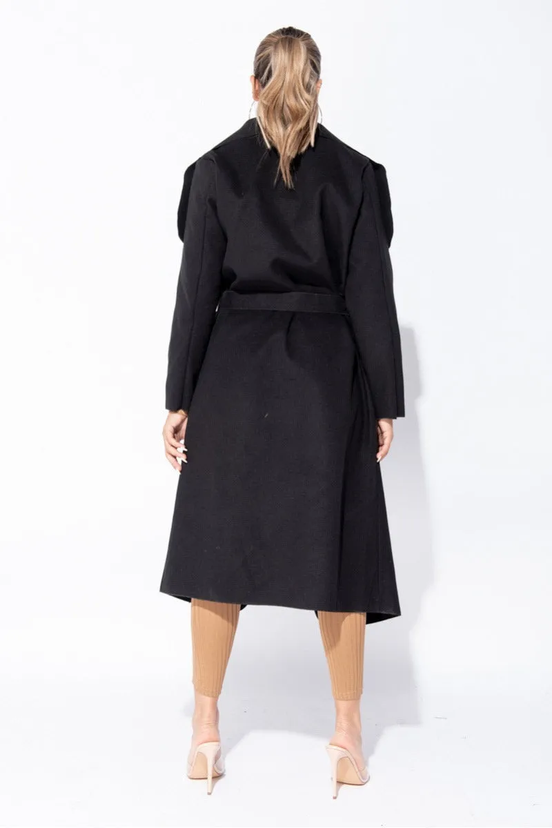 Black Oversized Belted Waterfall Coat