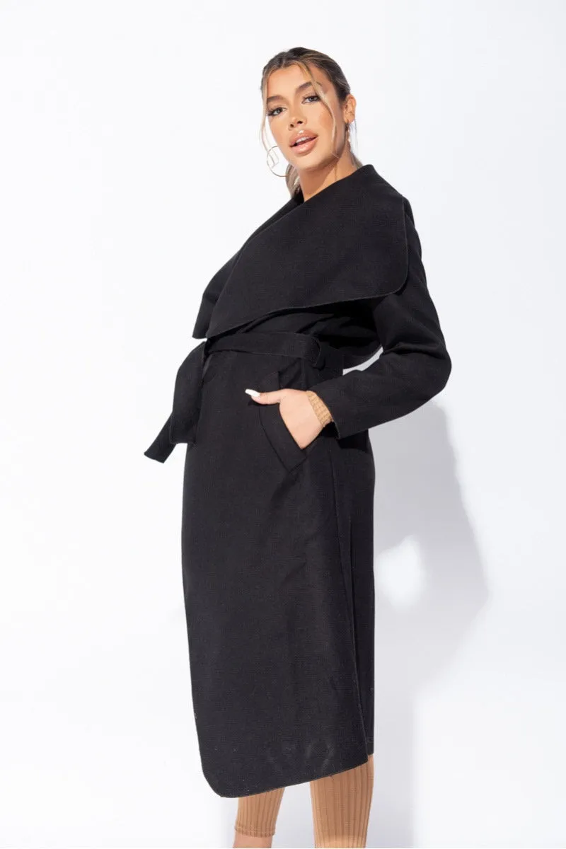 Black Oversized Belted Waterfall Coat