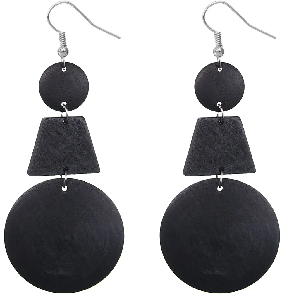 Black Triple Geometric Wooden Drop Earrings