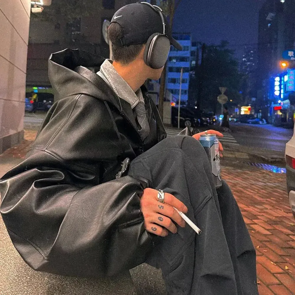 Black Windbreaker Oversized Leather Jacket