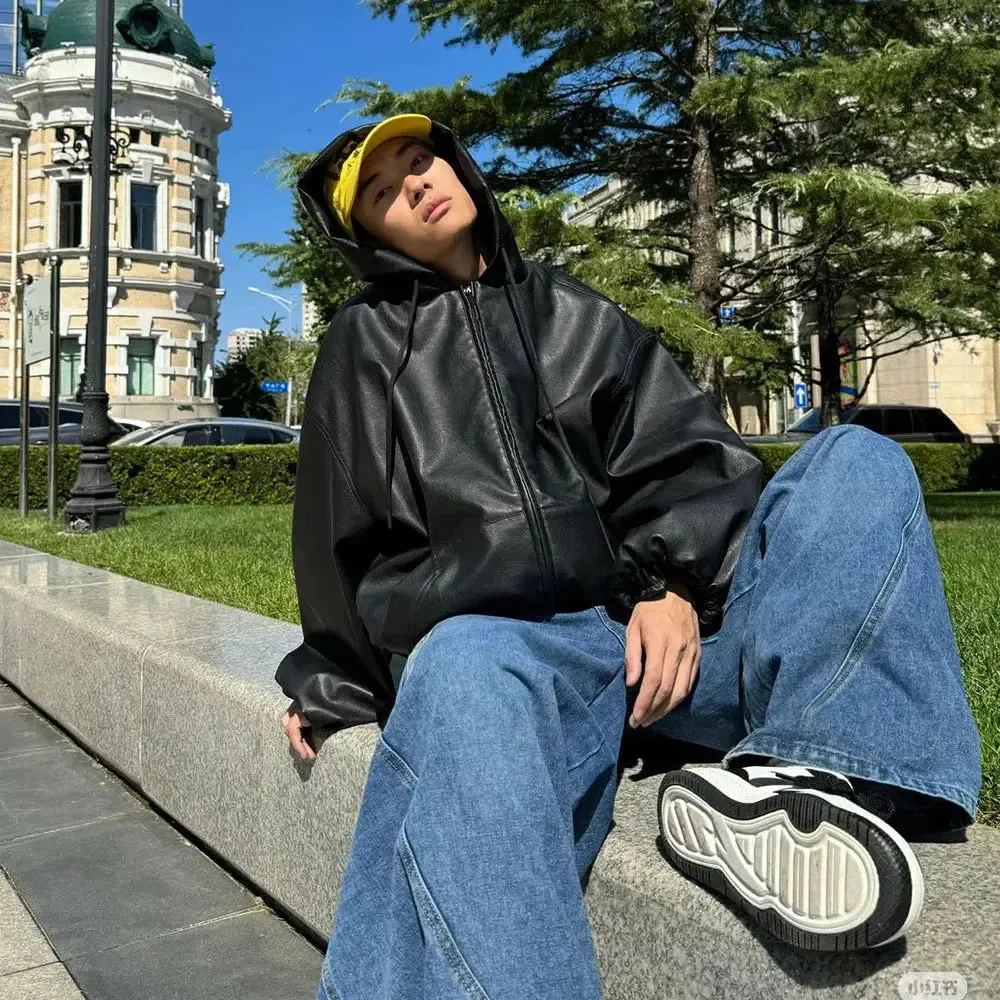 Black Windbreaker Oversized Leather Jacket
