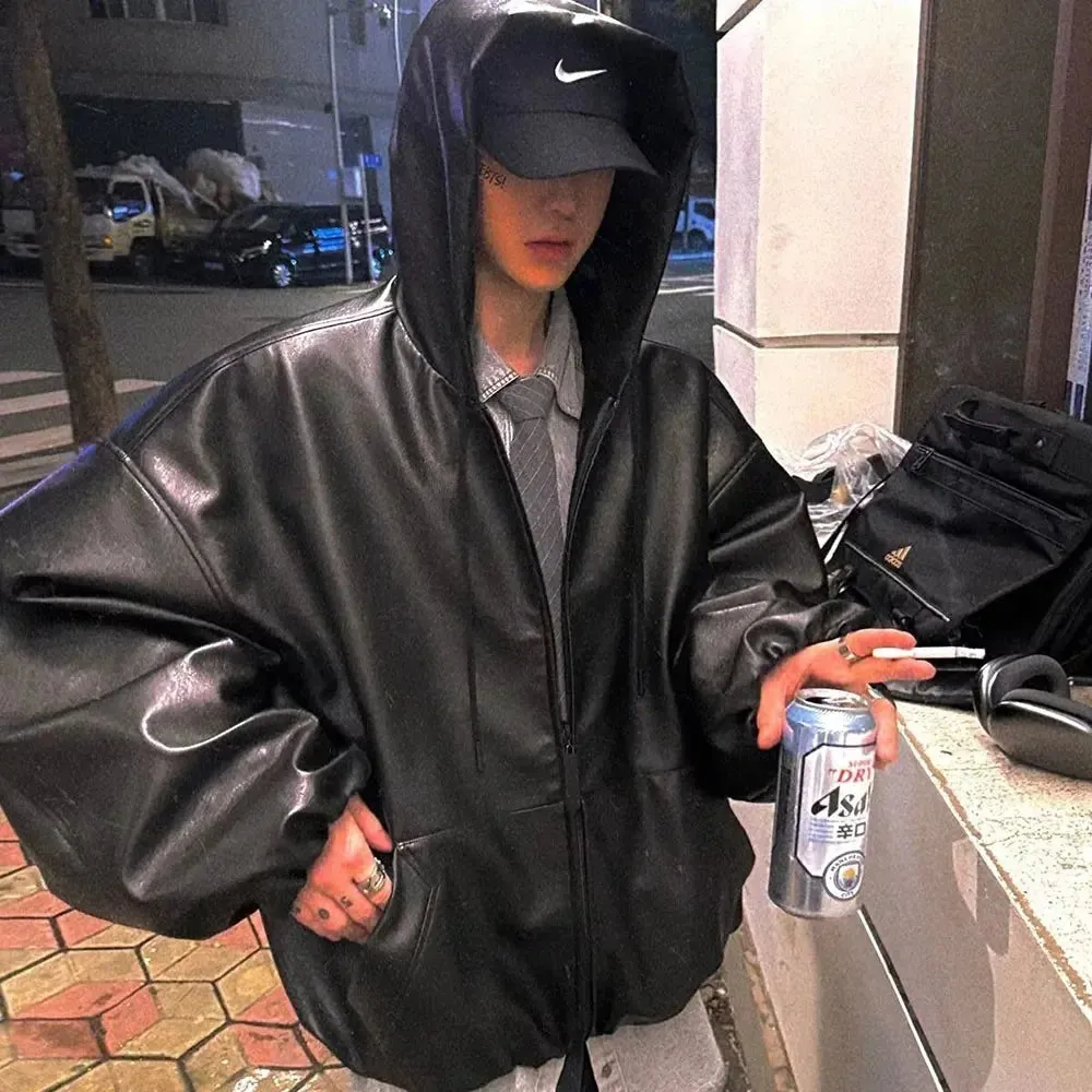 Black Windbreaker Oversized Leather Jacket