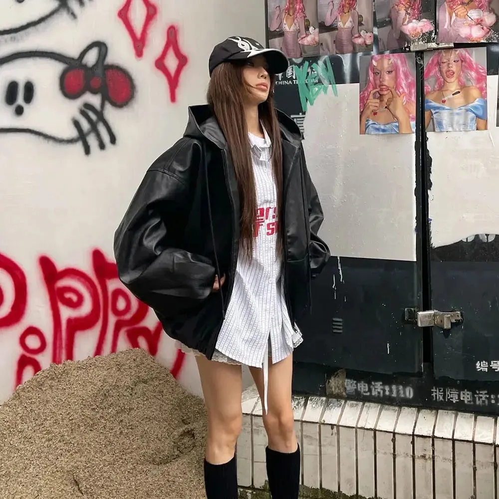 Black Windbreaker Oversized Leather Jacket