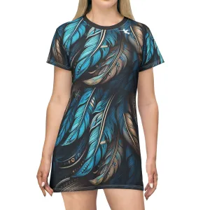 Blue Brown Feathers T-Shirt Dress