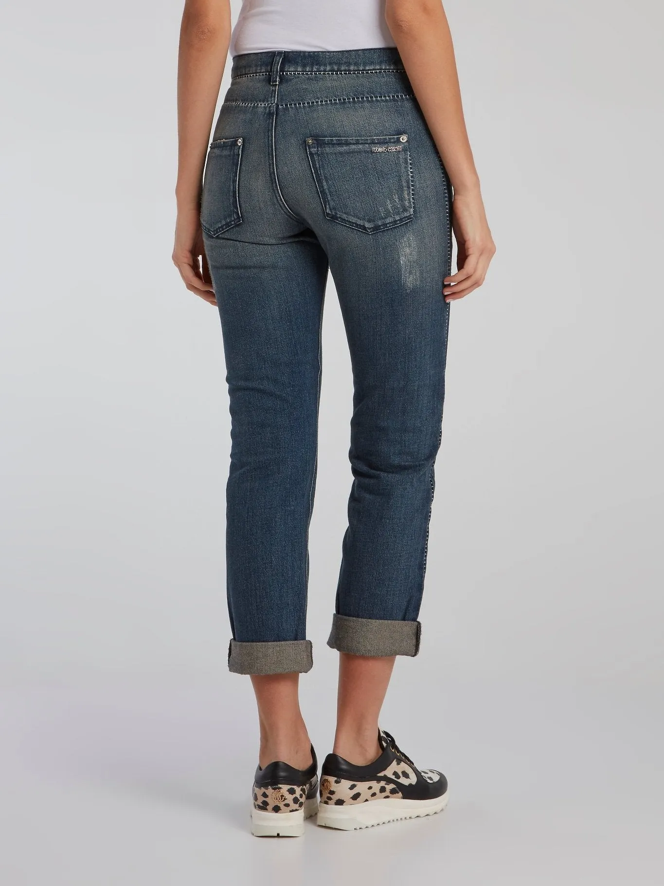 Blue Contrast Stitch Distressed Jeans