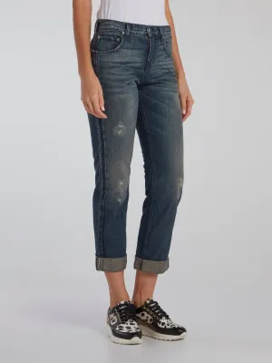 Blue Contrast Stitch Distressed Jeans