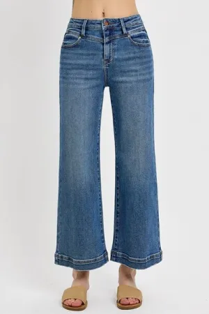 Blue High Rise Crop Wide Leg Front Yoke Detail Jeans