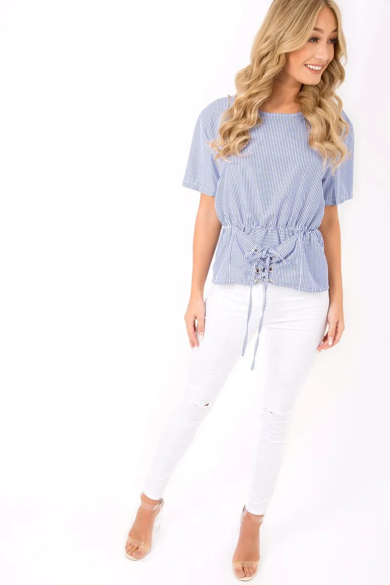 Blue Pinstripe Corset Lace Up Shirt - Hailey