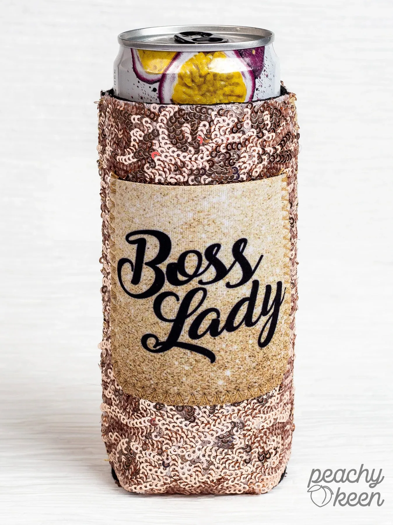 Boss Lady Sequin Slim Can Koozie