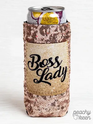 Boss Lady Sequin Slim Can Koozie