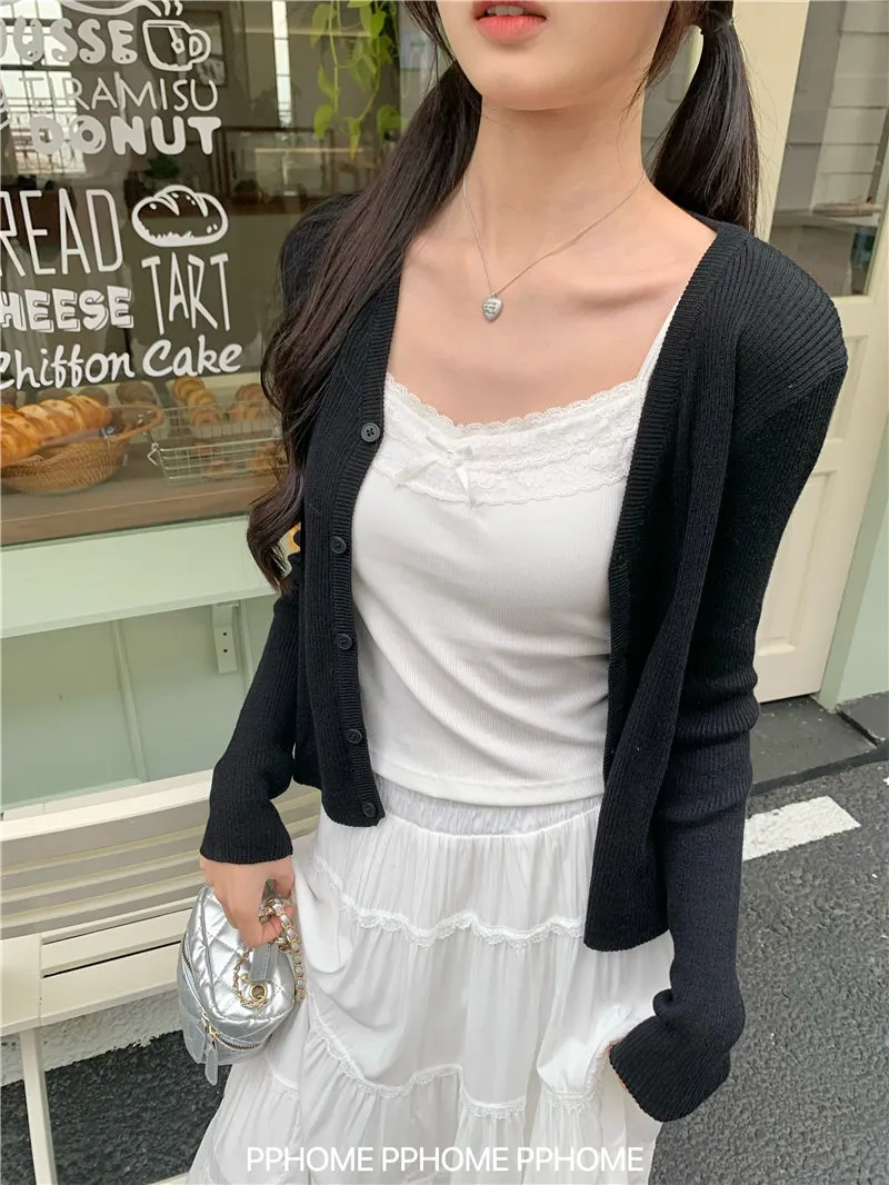 bow embroidery waist Cardigan
