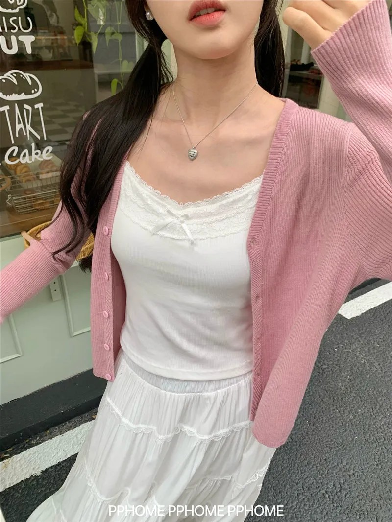 bow embroidery waist Cardigan