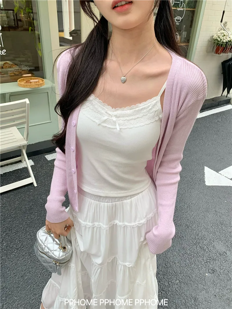 bow embroidery waist Cardigan