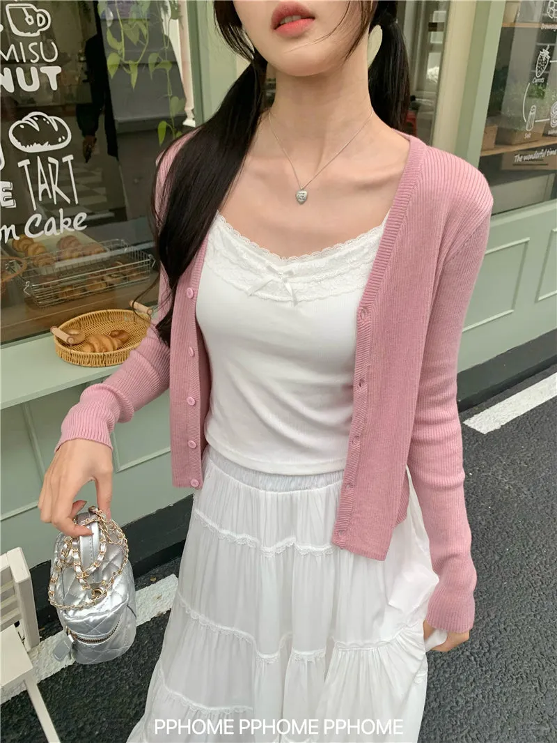 bow embroidery waist Cardigan