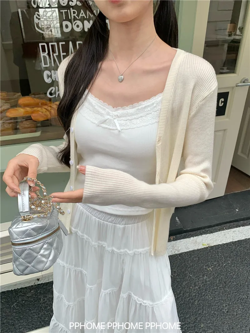 bow embroidery waist Cardigan