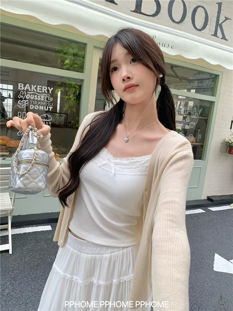 bow embroidery waist Cardigan