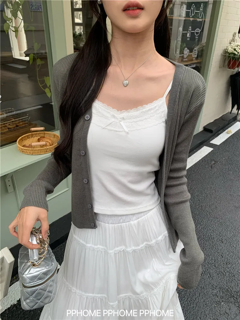 bow embroidery waist Cardigan