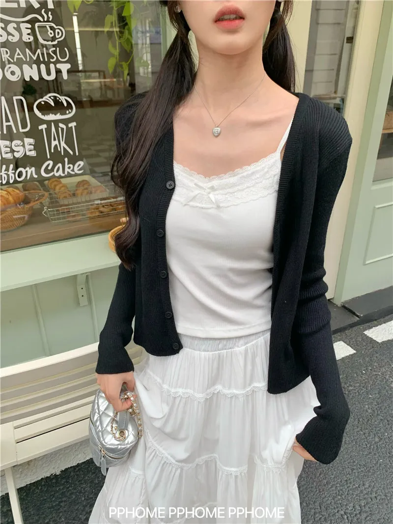 bow embroidery waist Cardigan