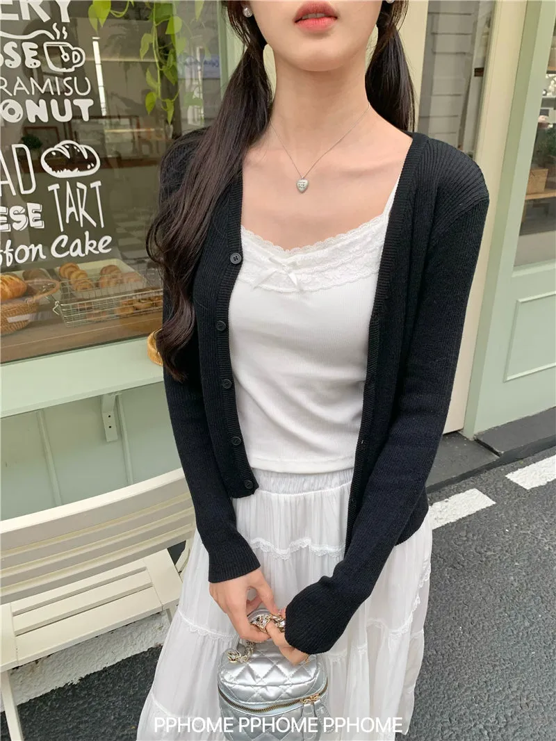 bow embroidery waist Cardigan