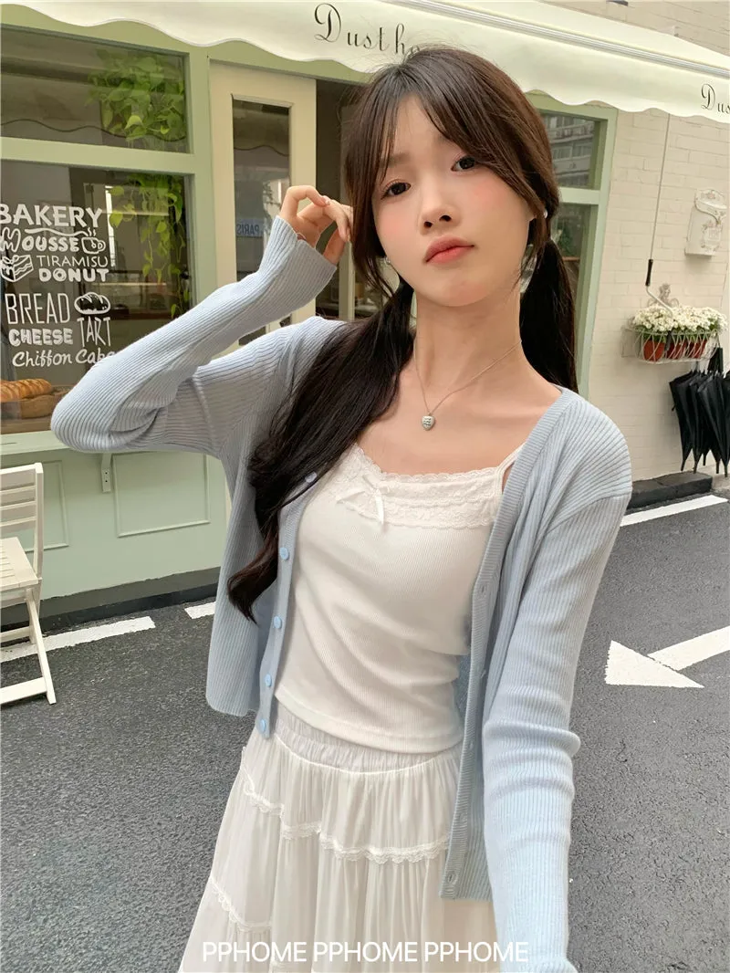 bow embroidery waist Cardigan