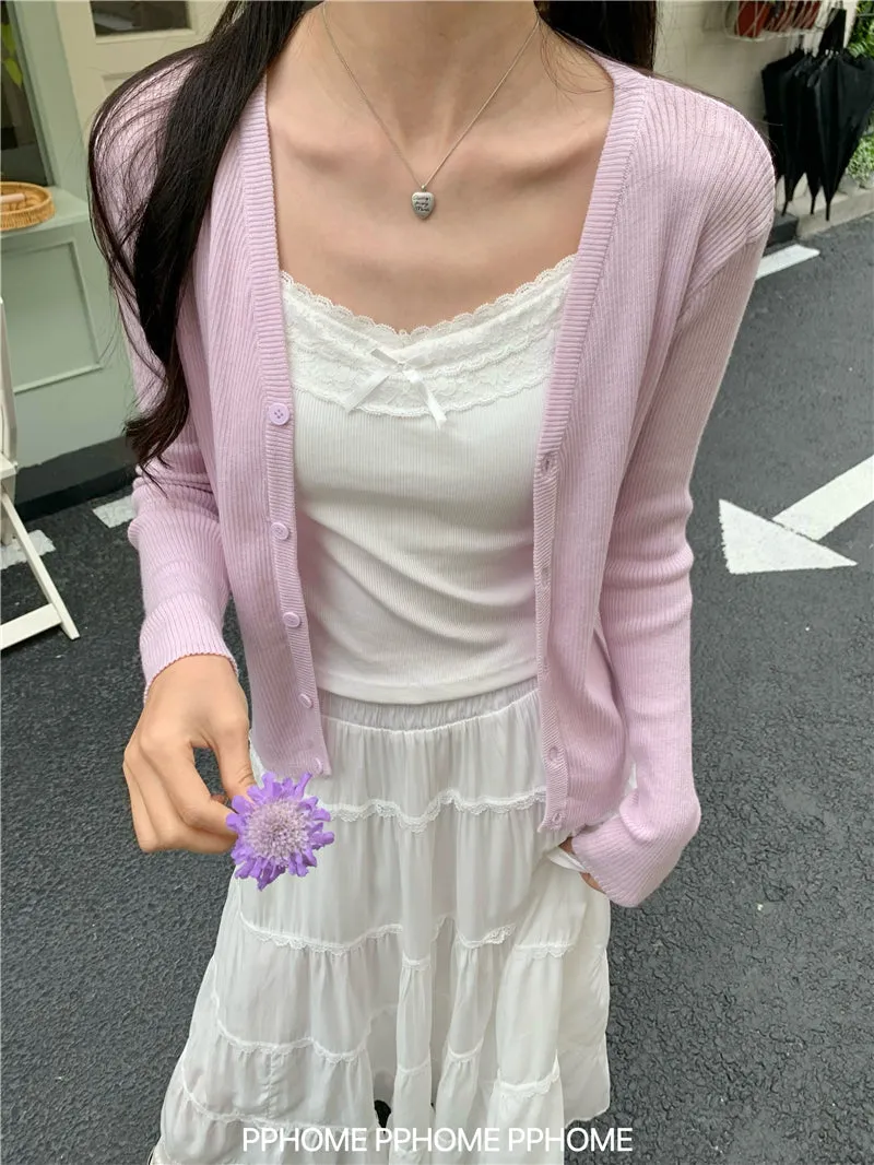 bow embroidery waist Cardigan