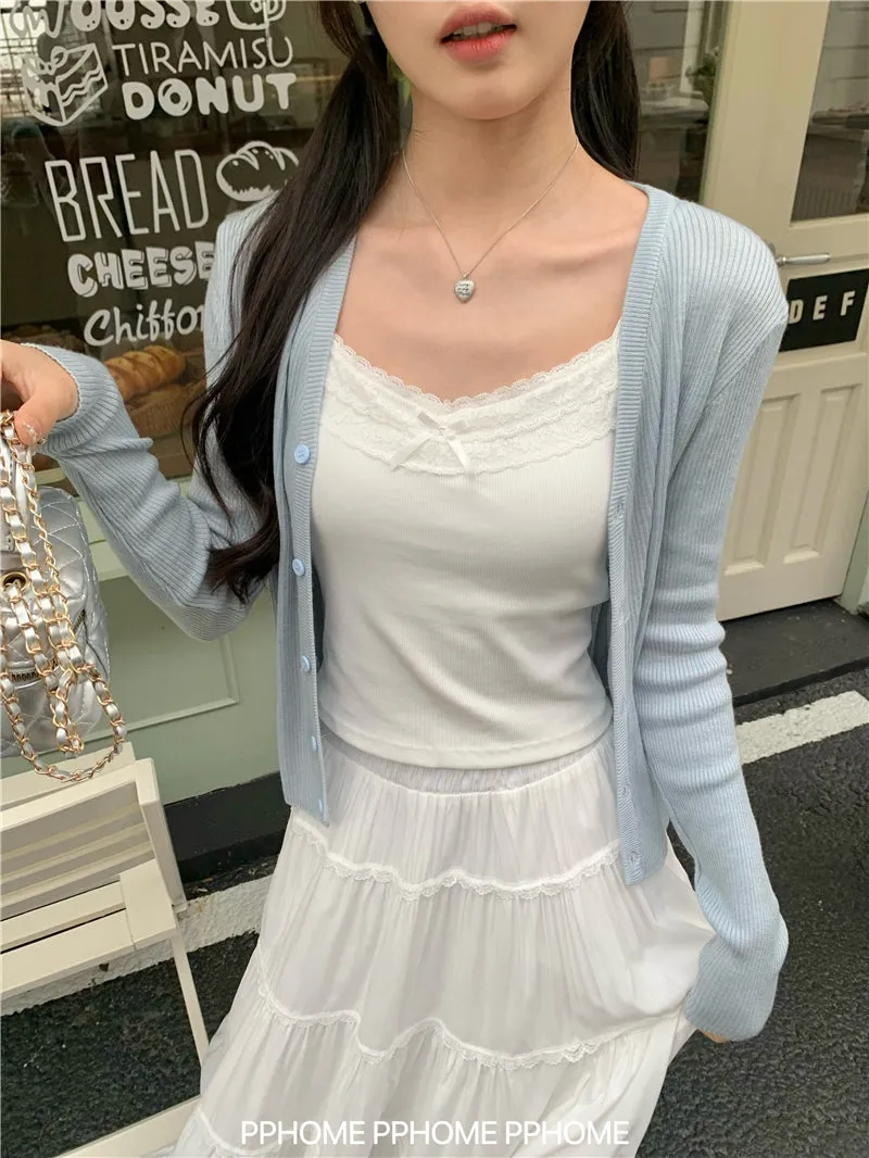 bow embroidery waist Cardigan
