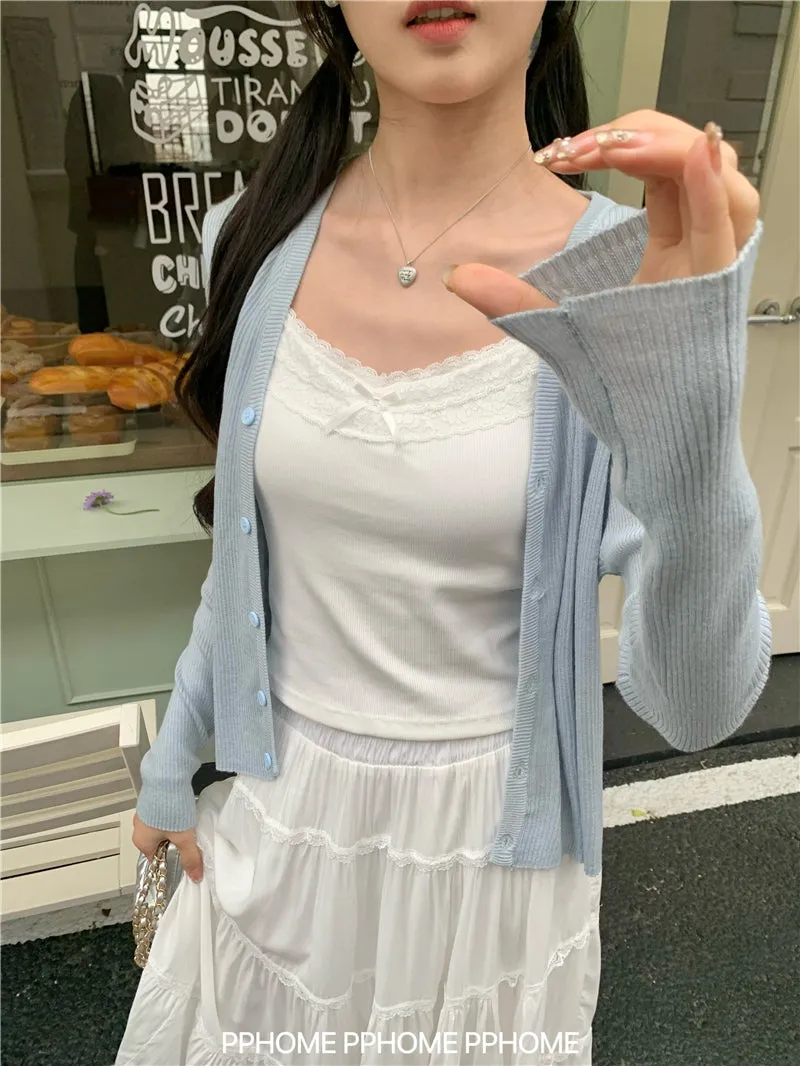 bow embroidery waist Cardigan