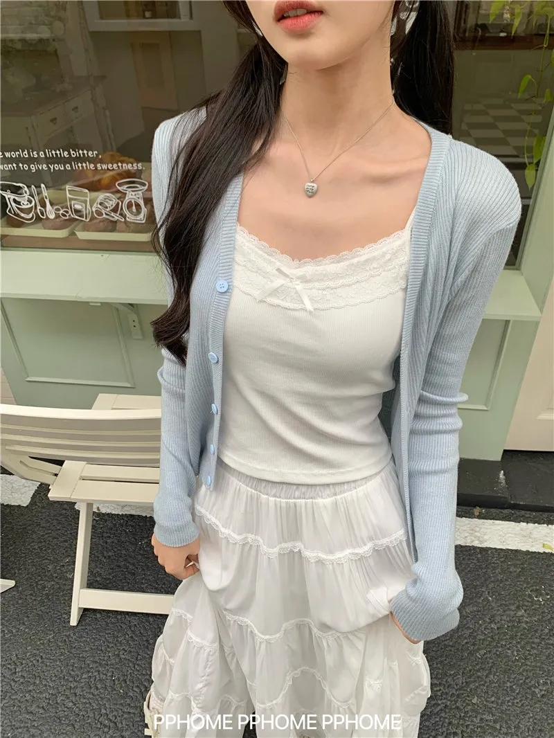 bow embroidery waist Cardigan
