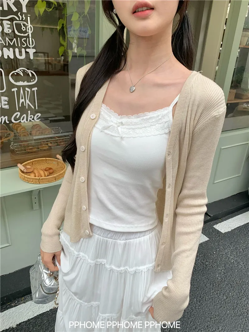 bow embroidery waist Cardigan