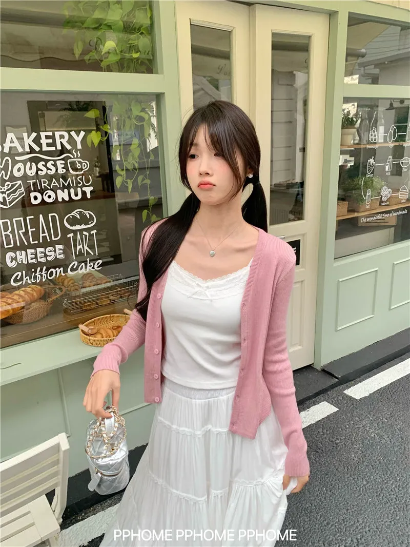 bow embroidery waist Cardigan