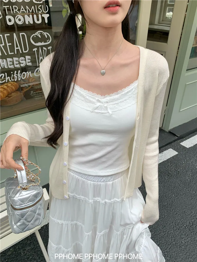 bow embroidery waist Cardigan
