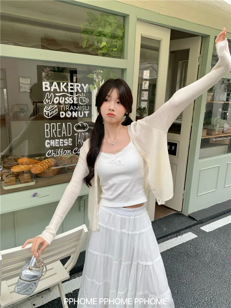 bow embroidery waist Cardigan