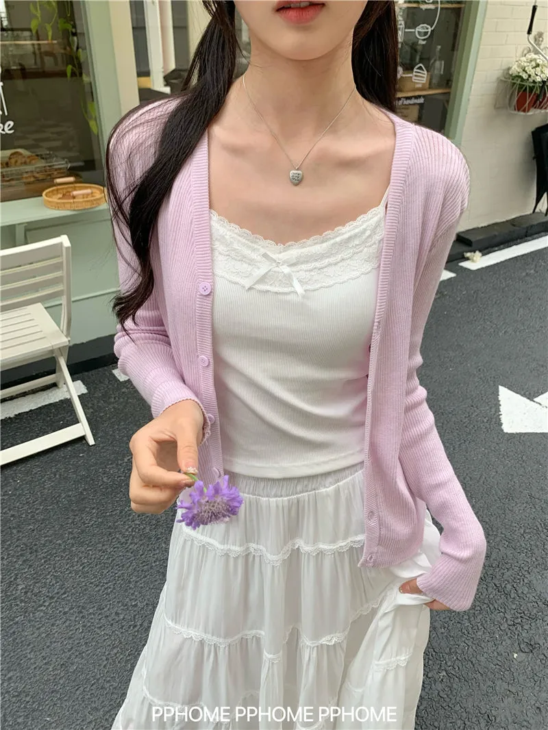 bow embroidery waist Cardigan