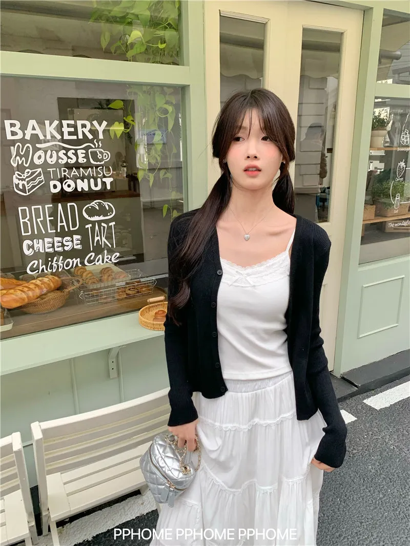 bow embroidery waist Cardigan