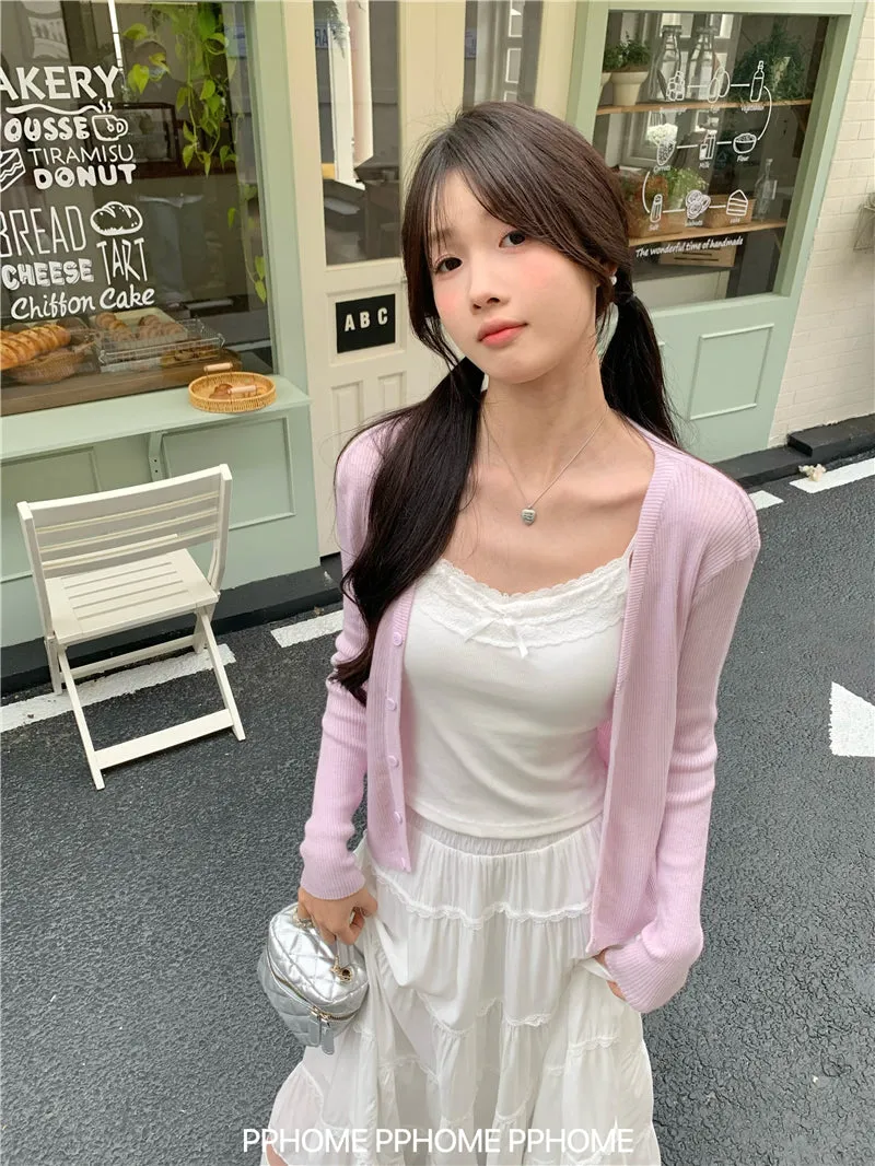 bow embroidery waist Cardigan