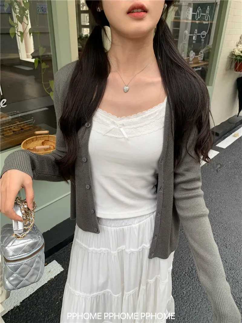 bow embroidery waist Cardigan