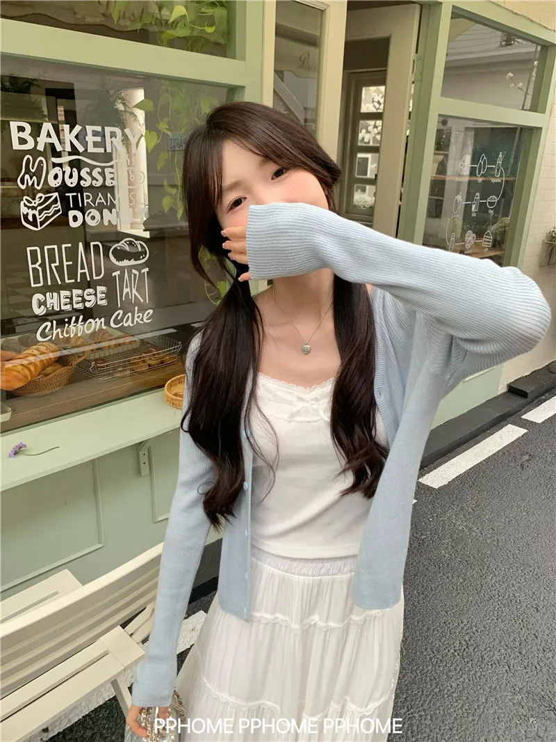 bow embroidery waist Cardigan