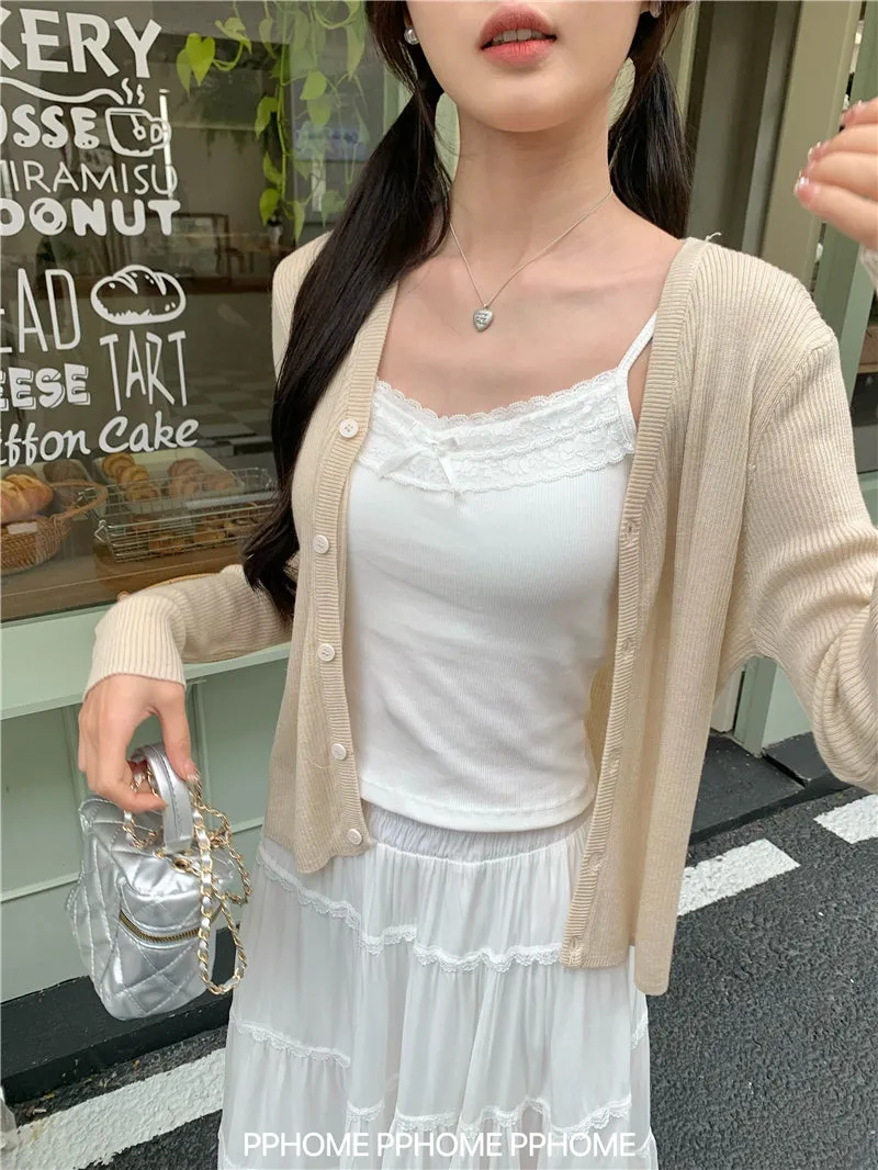 bow embroidery waist Cardigan