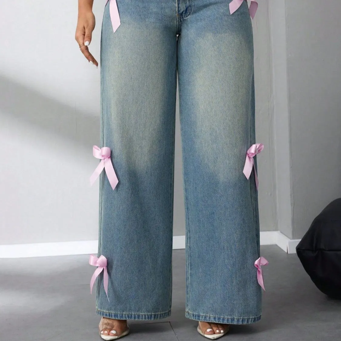 Bow High Rise Wide Leg Jeans